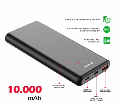 SWISSTEN POWER LINE POWER BANK 10000 mAh 20W POWER DELIVERY BLACK