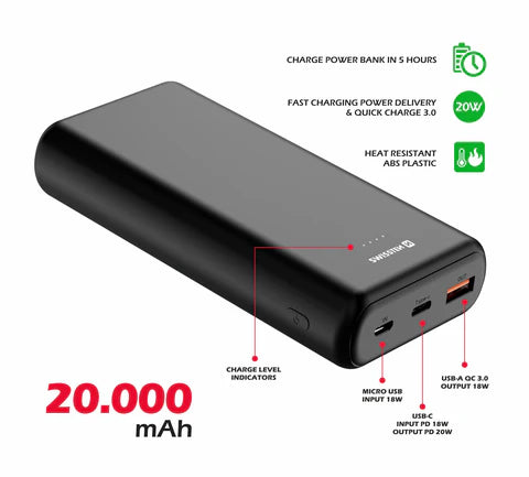 SWISSTEN POWER LINE POWER BANK 20000 mAh 20W POWER DELIVERY BLACK