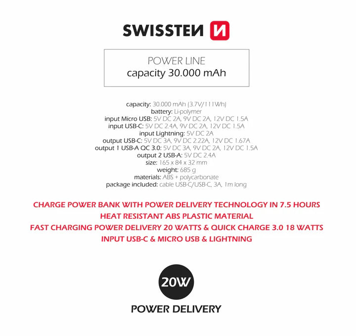 SWISSTEN POWER LINE POWER BANK 30000 mAh 20W POWER DELIVERY BLACK