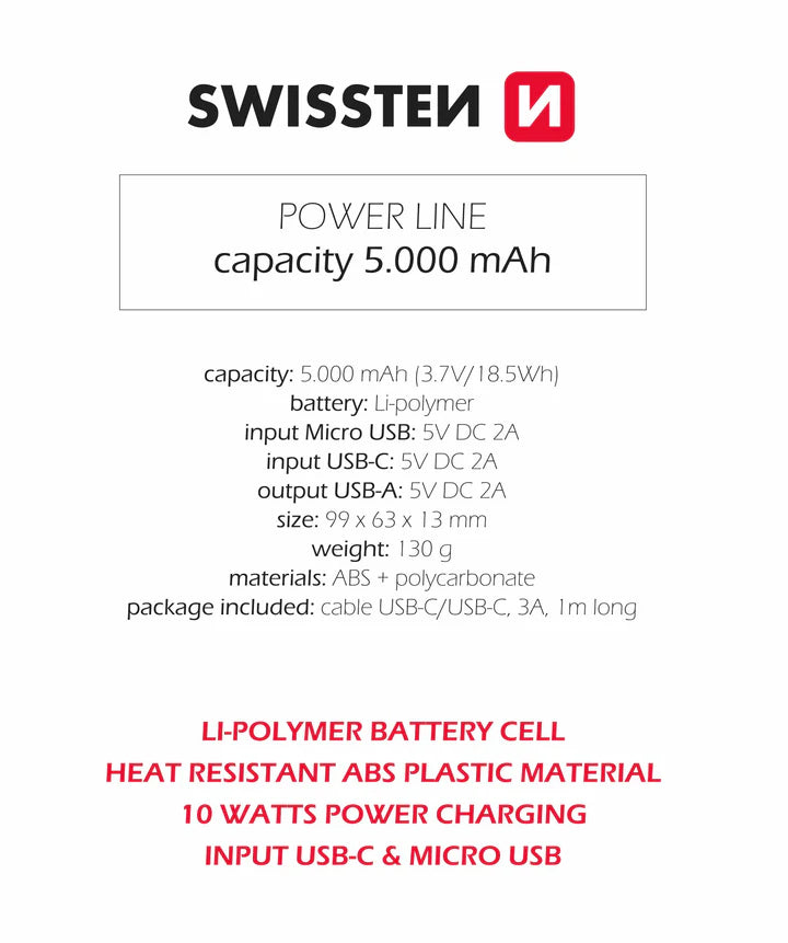 SWISSTEN POWER LINE POWER BANK 5000 mAh 10W BLACK