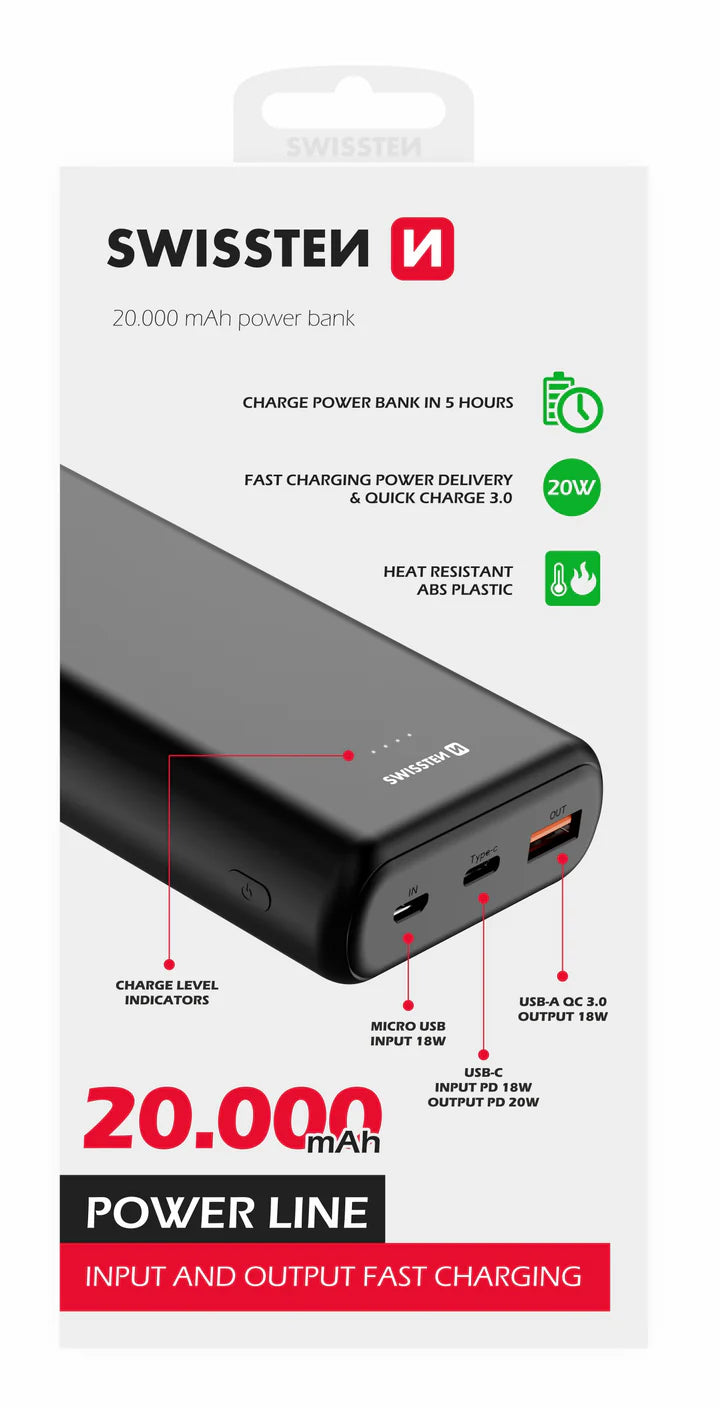 SWISSTEN POWER LINE POWER BANK 20000 mAh 20W POWER DELIVERY BLACK