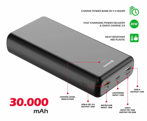 SWISSTEN POWER LINE POWER BANK 30000 mAh 20W POWER DELIVERY BLACK